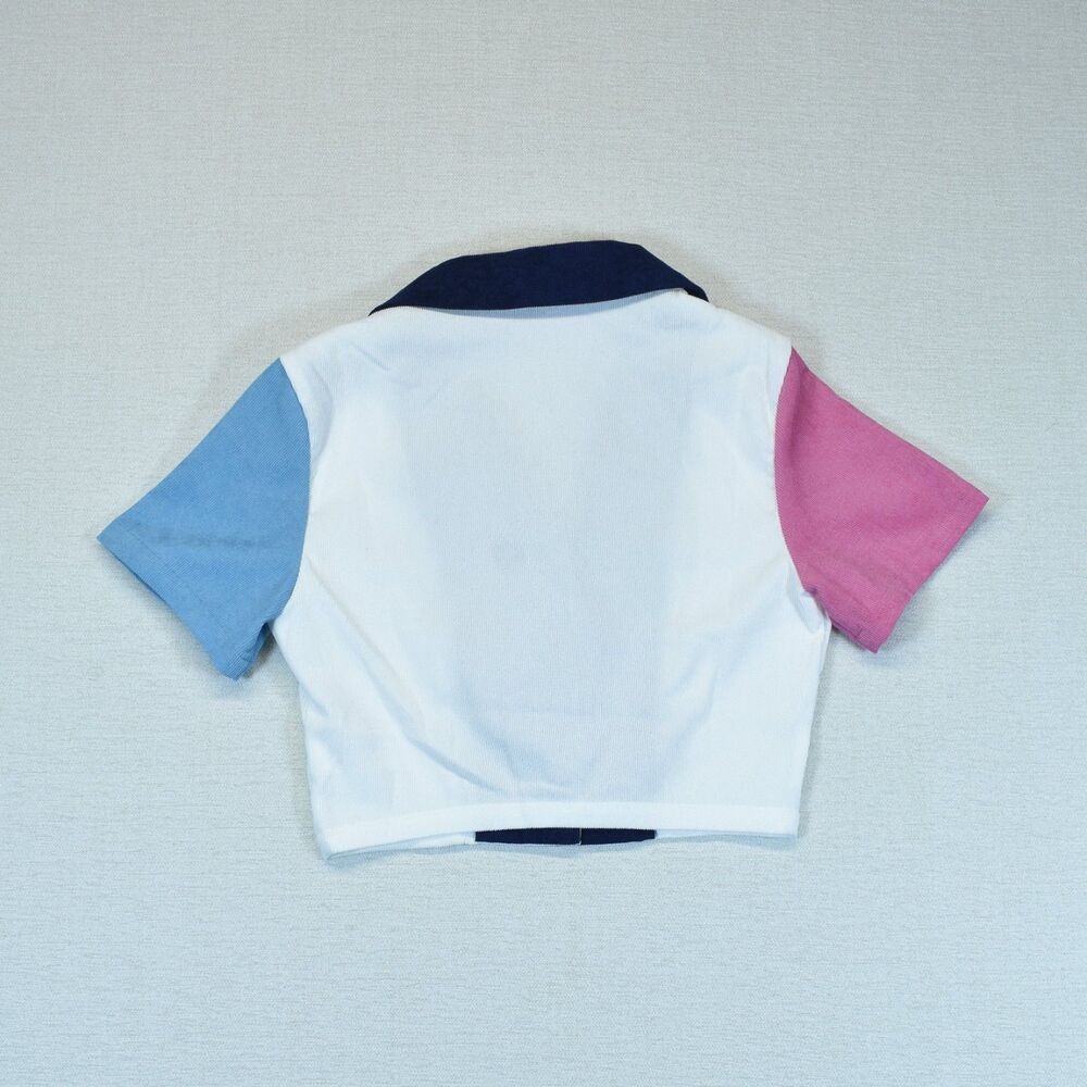 Cider Womens Colorblock Cropped Short Sleeve Button Up Shirt Top Pastel XS - Picture 3 of 5